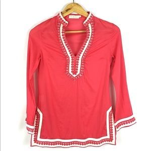 Tory Burch Pink White Embroidered Trim Tunic